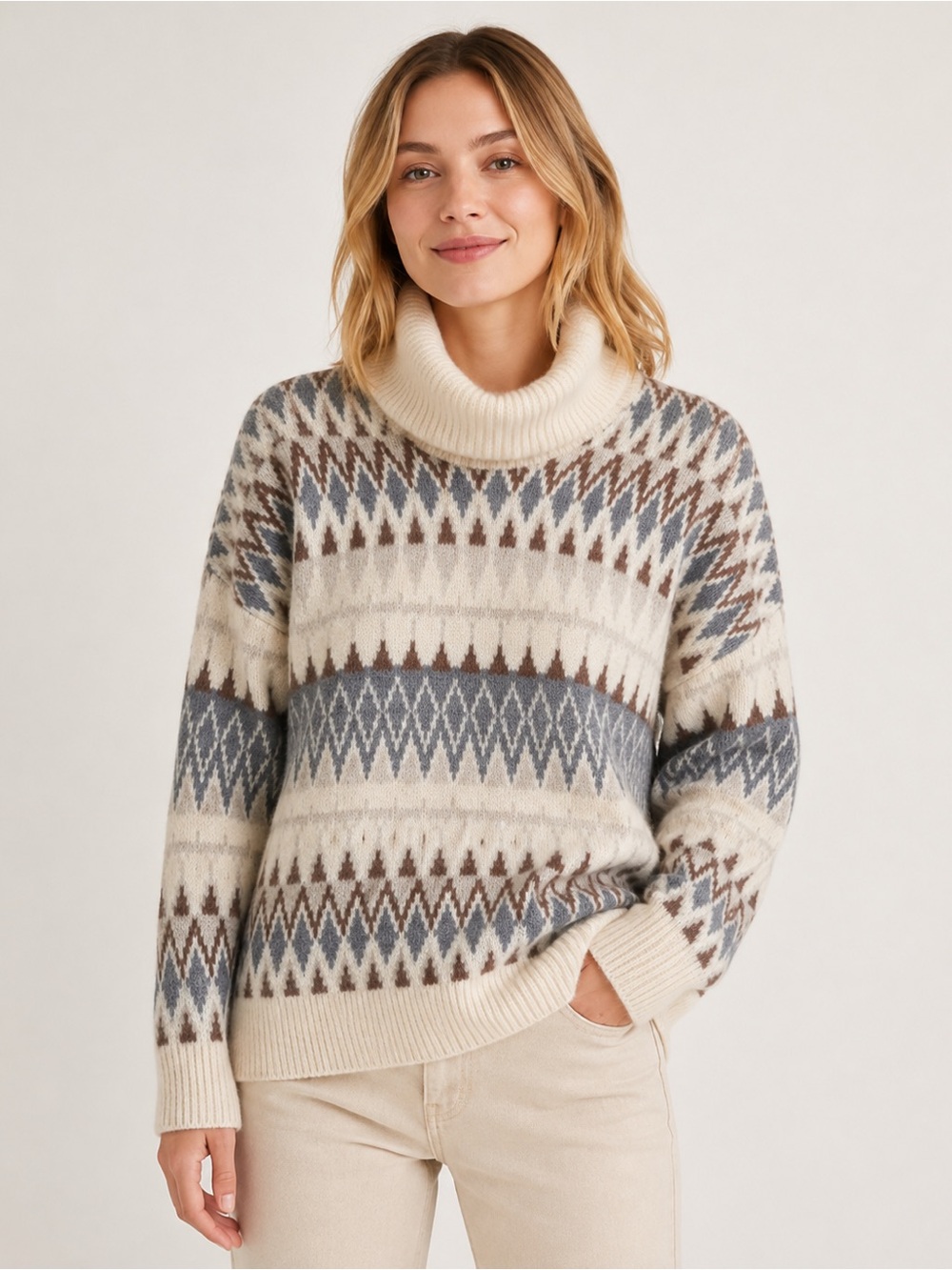 London Kaye Cowl Neck Sweater Womens M Cream NWOT Fair Isle Nordic Chunky Knit